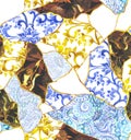 Kintsugi background. Ornamental seamless pattern. Beautiful abstract mosaic decor - asian mix designs, gold lines