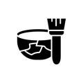 Kintsugi, cutout silhouette icon. Outline pectogram of glued cup with brush. Black simple illustration of repair broken dishes