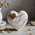 Kintsugi or kintsukuroi porcelain ceramic heart with golden cracks. Japanese art of repairing broken pottery with gold.