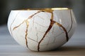 kintsugi repaired ceramic bowl with gold seams Royalty Free Stock Photo