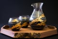 kintsugi repaired sake set displayed on a wooden tray Royalty Free Stock Photo