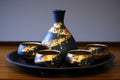 kintsugi repaired sake set displayed on a wooden tray Royalty Free Stock Photo