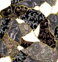 Kintsugi seamless pattern in black colors. Asymmetric decor with asian fragmented designs, gold lines, patchwork