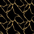 kintsugi seamless pattern gold cracks, broken marble luxury stone on black background