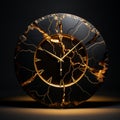 Kintsugi style golden Clock on black background. Generated Ai Royalty Free Stock Photo