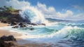 Kintsukuroi-inspired Art Painting Of A Vibrant Sandy Beach With Crashing Waves