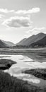 Kintsukuroi-inspired Black And White Photograph Of A Serene Lake In The Valley