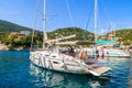 KIONI PORT, ITHACA ISLAND, GREECE - SEP 19, 2014: Sailing yacht boats in Kioni port on Ithaca island. Sailing is a popular
