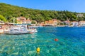 KIONI PORT, ITHACA ISLAND - SEP 19, 2014: view of Kioni port with fishing boats mooring. Greek islands are popular holiday