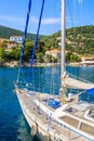 KIONI PORT, ITHACA ISLAND - SEP 19, 2014: yacht boat mooring in Kioni port. Greek islands are popular holiday destination in