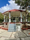 Kiosk with blue stairs