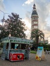 Kiosk in the resort area. Stylized minimarket in the park. Beautiful, cozy place. People relax and buy food. Resting-place