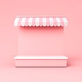 Kiosk stand exhibition booth store with product shelf or blank display shop stand with pink striped awning on pink pastel