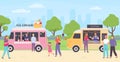 Kiosk vendor. Street food market with trucks selling bakery, coffee drinks and ice cream. People walking in park and Royalty Free Stock Photo