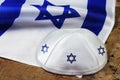 Kippah with the Flag of Israel in the background. Concept - Israelis, Jews and Judaism, Jewish religion in Israel Royalty Free Stock Photo