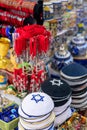 Kippahs Yarmulkes Jewish Hats Covers Israeli Star of David Souvenirs Safed Tsefat Israel. Kippahs. Jewish headgear worn by men dur Royalty Free Stock Photo