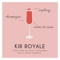 Kir Royale Cocktail, champagne in flute glass garnish with raspberry. Classic alcoholic beverage recipe square banner