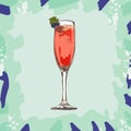 Kir Royale cocktail, vector illustration, hand drawn sketch, colored Royalty Free Stock Photo