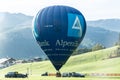 Kirchberg in Tirol, Tirol/Austria - September 26 2018: Alpen Bank sponsored dark blue hot-air balloon ready for a flight waiting