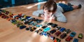 5-year-old white Caucasian boy lies on floor,boredom on face,plenty toy cars.Overconsumption concept,selective focus Royalty Free Stock Photo