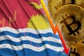 Kiribati flag and cryptocurrency falling trend with many golden bitcoins