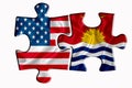 Kiribati flag and United States of America flag on two puzzle pieces on white isolated background. The concept of political