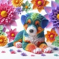 Kirigami Pet Paradise: Playful Puppy Surrounded by a Garden of Colorful Paper Blooms on a White Stage