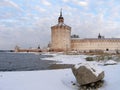 Kirillo-Belozersky monastery in winter, Kuznechnaya tower, Siverskoe lake, Russia