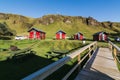 KIRKJUBAEJARKLAUSTUR, ICELAND - AUGUST 2018: Red timber cottages for rent on a campsite