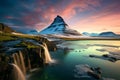 Kirkjufell mountain beneath the Northern lights, a magical Icelandic panorama