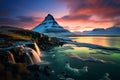 Kirkjufell mountain beneath the Northern lights, a magical Icelandic panorama