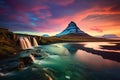 Kirkjufell mountain framed by the mesmerizing Northern lights, a celestial show