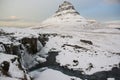 Kirkjufell mountain with waterfalls at winter, Iceland Royalty Free Stock Photo