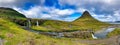 Kirkjufellfoss scenic spot with iconic waterfall and peak in Iceland