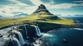 Kirkjufellfoss waterfall and mountain in Iceland. Illustration.