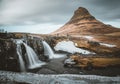 Kirkjufellsfoss and Kirkjufell Icelandic, Church mountain , a 463 m high mountain on the north coast of Iceland`s