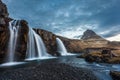 Kirkjufellsfoss waterfalls and kirkjufell mountain in the morni