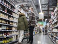 Kirkland, WA USA - circa February 2022: View of people shopping in the breakfast item aisle inside a Whole Foods Market Royalty Free Stock Photo