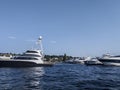 Kirkland WA USA circa July 2020: Boats docked on Lake Washington on a bright, sunny day