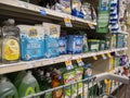 Kirkland, WA USA - circa September 2021: Angled view of dishwashing detergents for sale inside a QFC grocery store