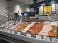 Kirkland, WA USA - circa September 2021: Angled view of a selection of fish for sale inside the seafood department in a Whole