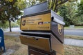 Kirkland, WA USA - circa September 2021: Angled view of a UPS package and letter deposit station in downtown Kirkland