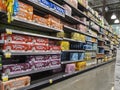 Kirkland, WA USA - circa September 2021: Angled view of a wide selection of sparkling waters for sale in the soda aisle of a Whole