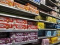 Kirkland, WA USA - circa September 2021: Angled view of a wide selection of sparkling waters for sale in the soda aisle of a Whole