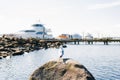 Kirkland, Washington, USA. February 2020. The waterfront of lake Washington in clear weather. A Seagull sits on a rock against the