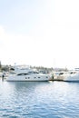 Kirkland, Washington, USA. February 2020. The waterfront of lake Washington in clear weather. View of moored yachts near the shore