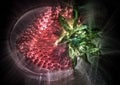 3D-Illustration Kirlian glow on strawberries with leaves on a plate in a glas bowl. Isolated on a white background