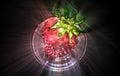 3D-Illustration Kirlian glow on strawberries with leaves on a plate in a glas bowl. Isolated on a white background