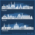 Kirov, Kazan, Izhevsk City skyline set. Russia. Vector silhouette on Blue. Royalty Free Stock Photo