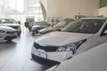 Kirov, Russia - April 12, 2022: Cars in showroom of dealership KIA in Kirov city